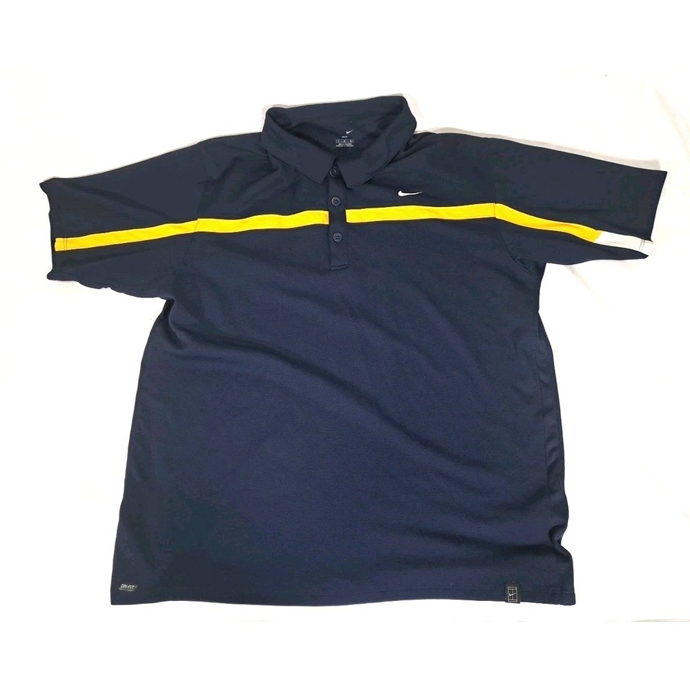 Nike Dri-FIT Tennis Polo Shirt Mens Large Navy Blue Yellow Stripe‎ Short Sleeve